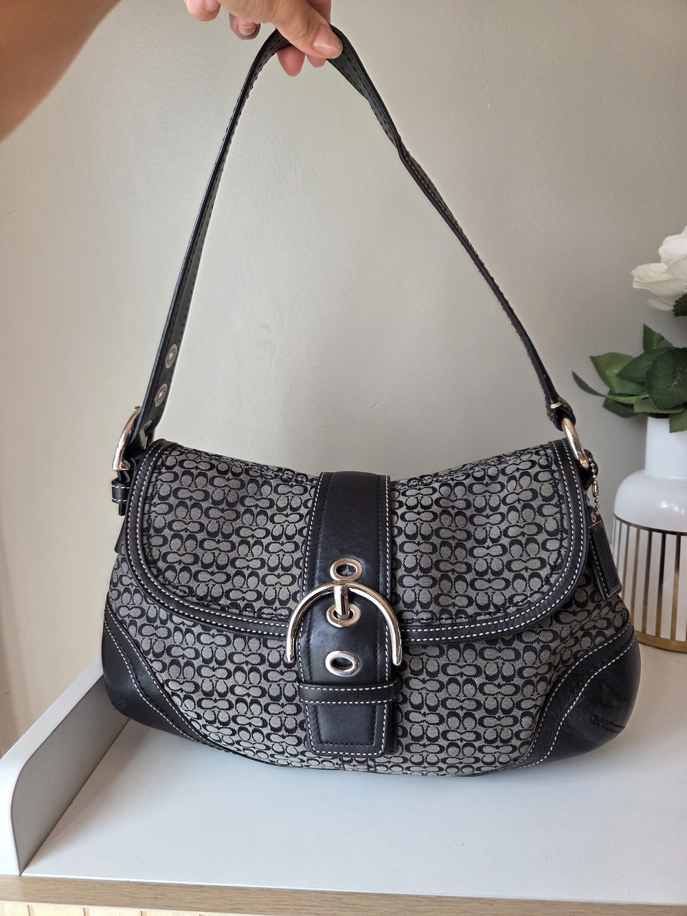 Vingage Coach Black Signature Canvas Shoulder Bag with Silver Hardware
